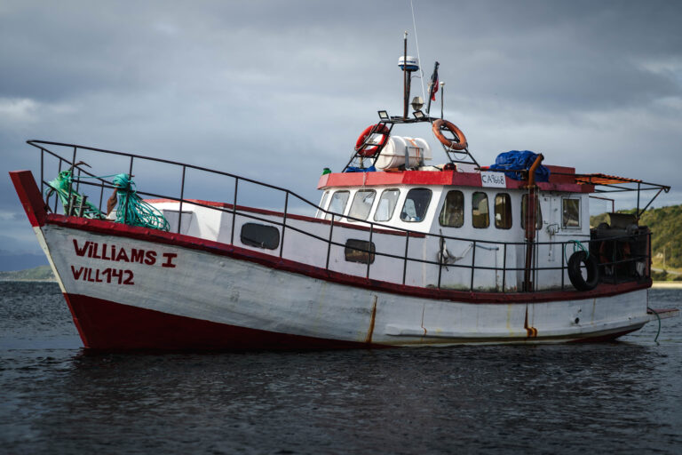 Barco Williams I amarrado en la costa de Puerto Williams